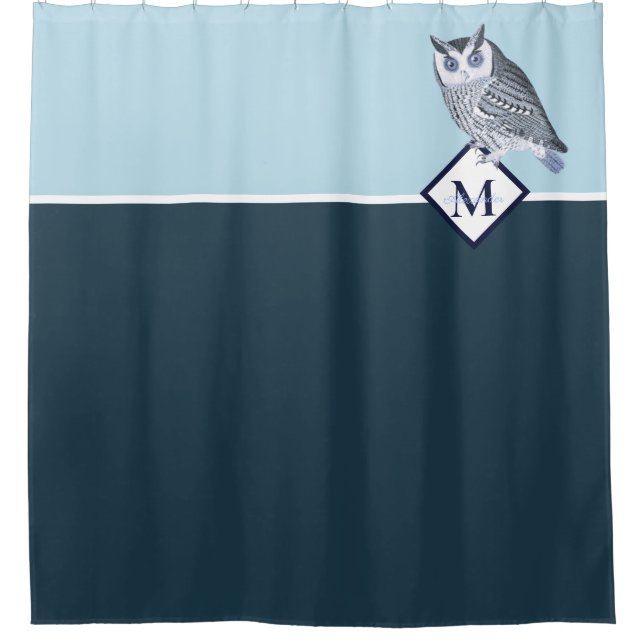 Blue Owl Grey Monogram Name Bath Towel Set Shower Curtain (Front)