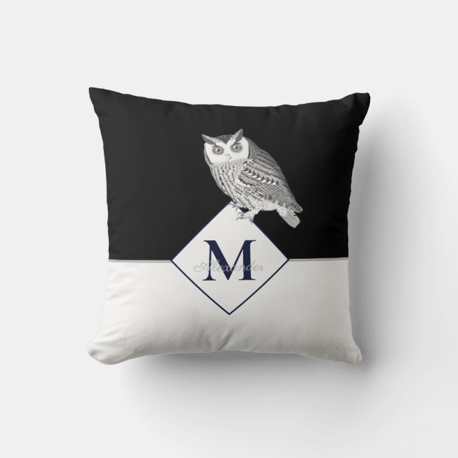 Blue Owl Grey Monogram name Bathroom Bath Mat Cushion (Front)