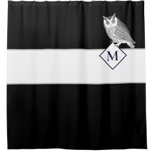 Blue Owl Grey Monogram name Bathroom  Shower Curtain (Front)