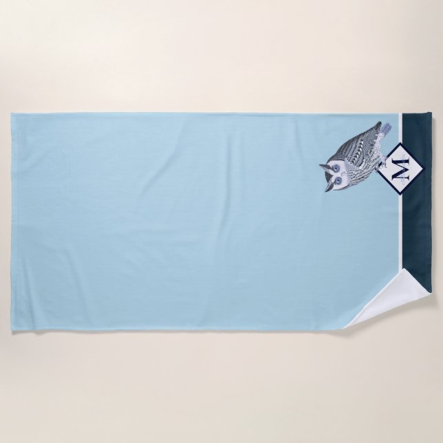 Blue Owl Grey Monogram name Beach Towel (Front)