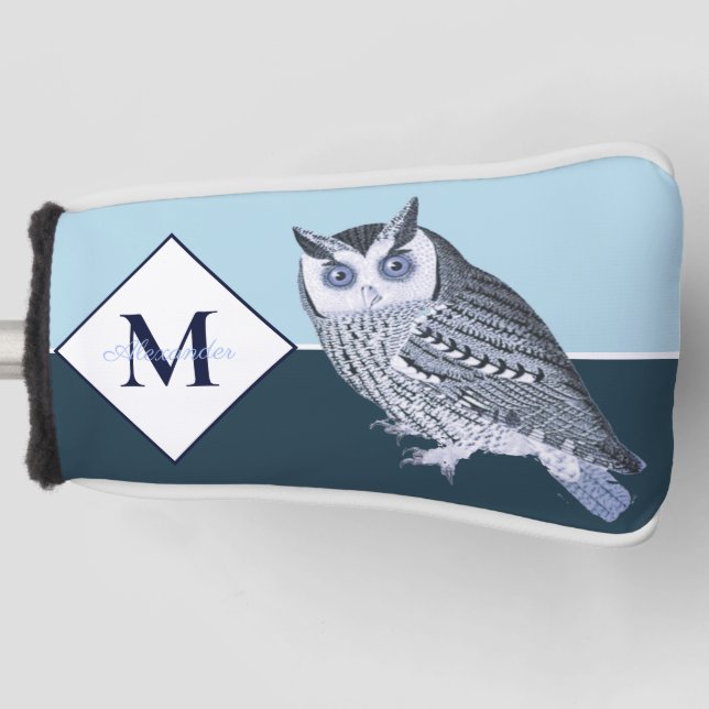 Blue Owl Grey Monogram name Golf Head Cover (Front)