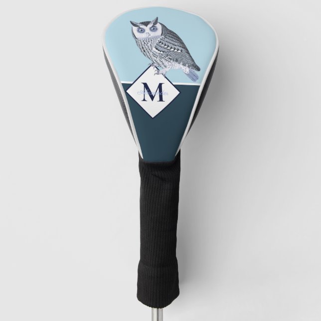 Blue Owl Grey Monogram name Golf Head Cover (Front)