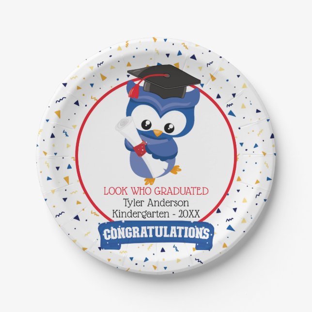 Blue Owl Kindergarten Graduation  Paper Plate (Front)