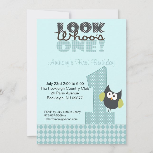 Blue Owl Large Number One 1st Birthday Invitation (Front)