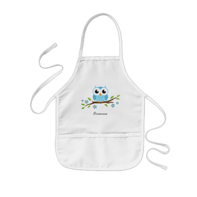 Blue owl on branch with flowers personalised name kids apron (Front)