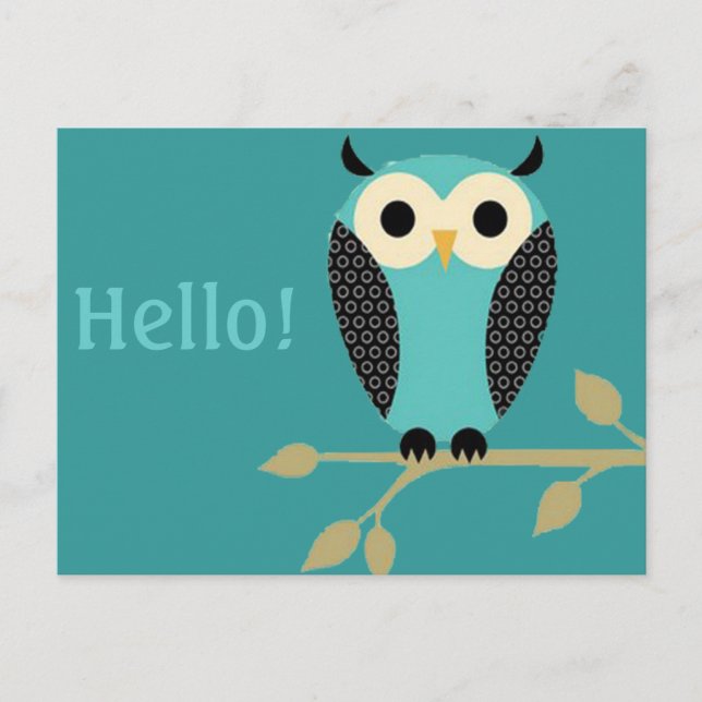 Blue Owl On Limb Hello Postcard (Front)
