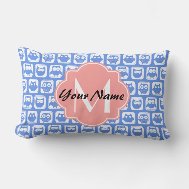 Blue Owl Pattern Coral Monogram Personalised Name Lumbar Cushion (Front)