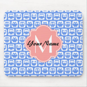 Blue Owl Pattern Coral Monogram Personalised Name Mouse Pad
