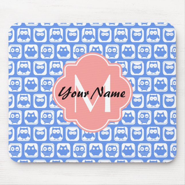 Blue Owl Pattern Coral Monogram Personalised Name Mouse Pad (Front)