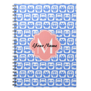 Blue Owl Pattern Coral Monogram Personalised Name Notebook