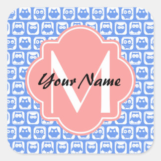 Blue Owl Pattern Coral Monogram Personalised Name Square Sticker