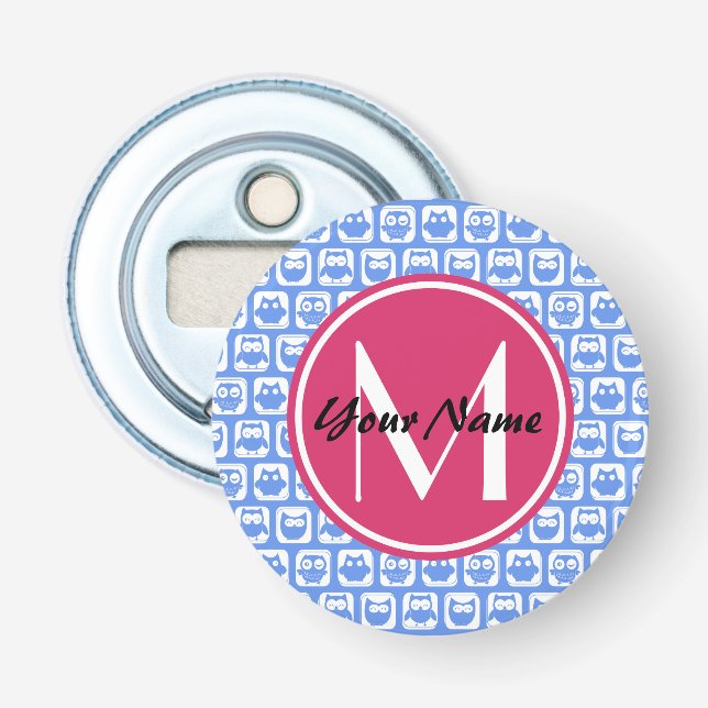 Blue Owl Pattern Pink Custom Monogram Personalised Bottle Opener (Front)
