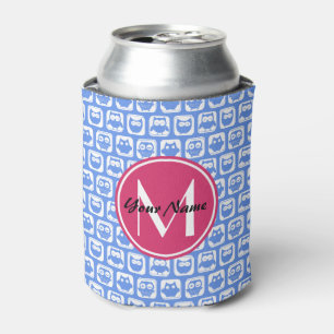 Blue Owl Pattern Pink Custom Monogram Personalised Can Cooler