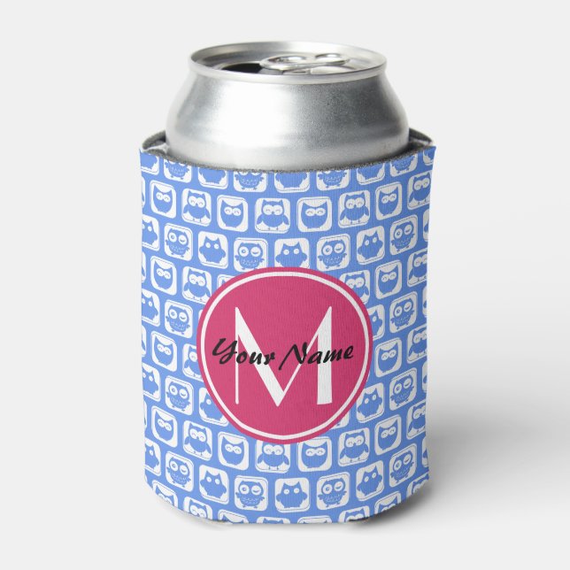 Blue Owl Pattern Pink Custom Monogram Personalised Can Cooler (Can Front)