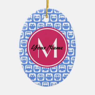 Blue Owl Pattern Pink Custom Monogram Personalised Ceramic Ornament