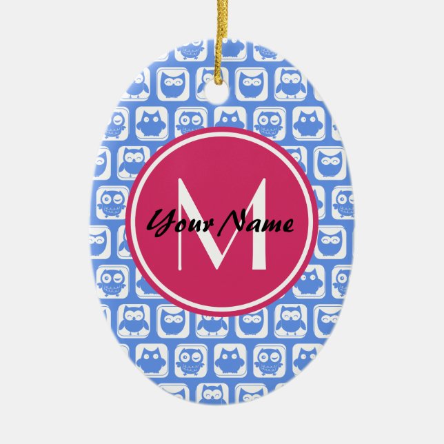 Blue Owl Pattern Pink Custom Monogram Personalised Ceramic Ornament (Front)