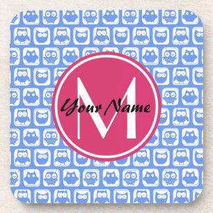 Blue Owl Pattern Pink Custom Monogram Personalised Coaster