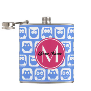 Blue Owl Pattern Pink Custom Monogram Personalised Hip Flask