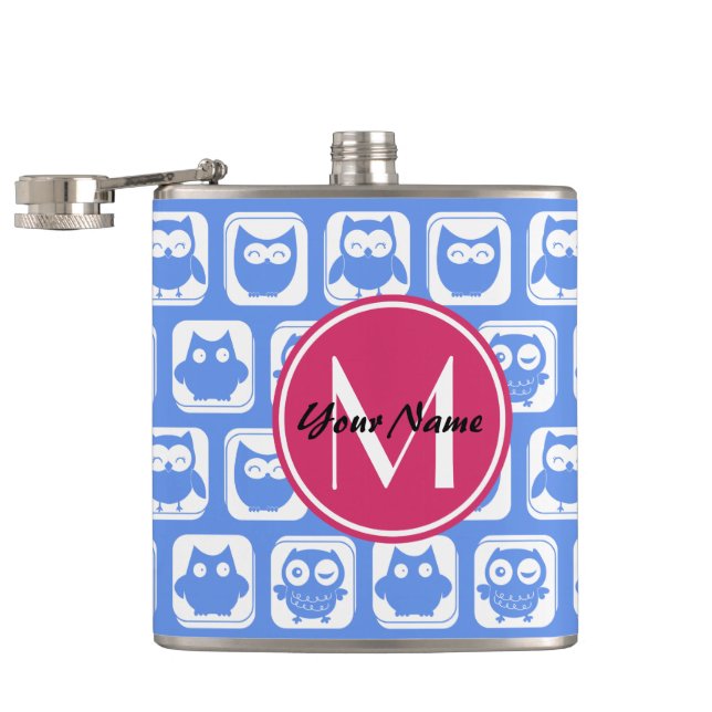Blue Owl Pattern Pink Custom Monogram Personalised Hip Flask (Opened)