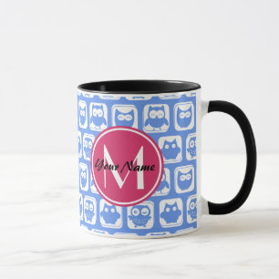 Blue Owl Pattern Pink Custom Monogram Personalised Mug