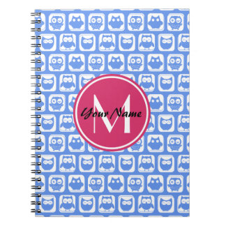 Blue Owl Pattern Pink Custom Monogram Personalised Notebook