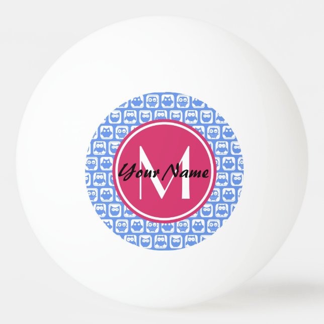 Blue Owl Pattern Pink Custom Monogram Personalised Ping Pong Ball (Front)