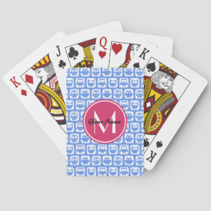 Blue Owl Pattern Pink Custom Monogram Personalised Playing Cards