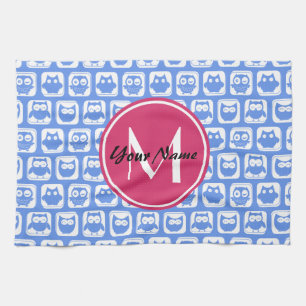 Blue Owl Pattern Pink Custom Monogram Personalised Tea Towel
