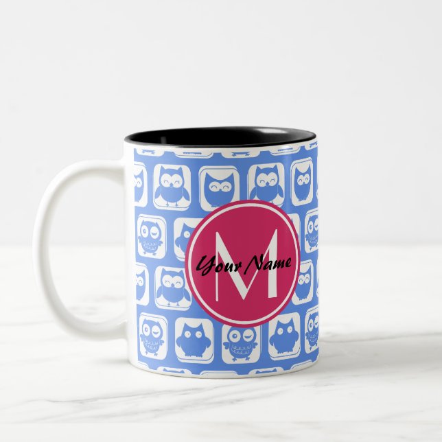 Blue Owl Pattern Pink Custom Monogram Personalised Two-Tone Coffee Mug (Left)