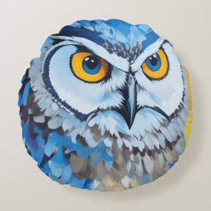 Blue Owl Portrait Paintings Round Cushion
