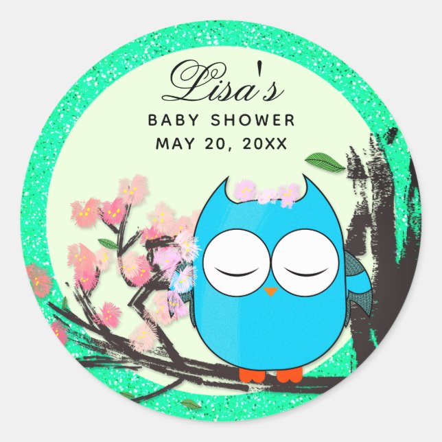 Blue Owl Spring Blossom Teal Glitter Envelope Seal (Front)