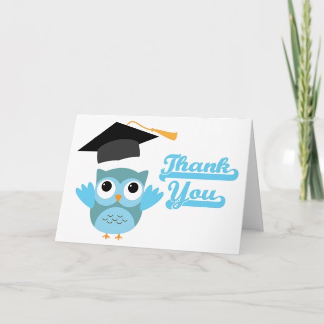 Blue Owl Throwing Graduation Cap Thank You Card (Front)