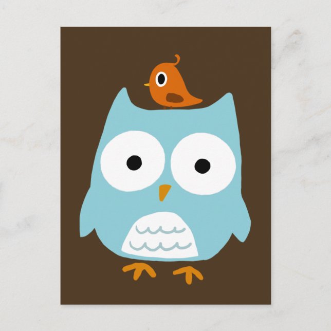 Blue Owl with Little Orange Bird Postcard (Front)