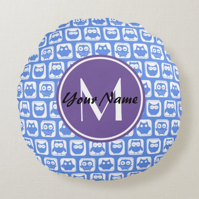 Blue Owls Custom Monogram Round Cushion (Front)
