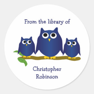 Blue Owls Design Bookplate Classic Round Sticker