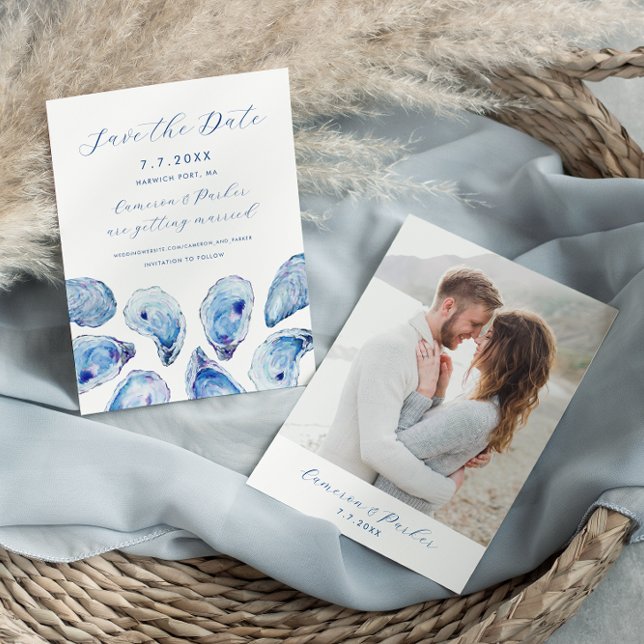 Blue Oyster Watercolor Wedding Save The Date (Oyster Beach Wedding Save the Dates with photo back and elegant coastal chic blue watercolor shells )