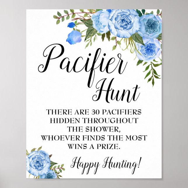 Blue Pacifier hunt Baby Shower game sign (Front)