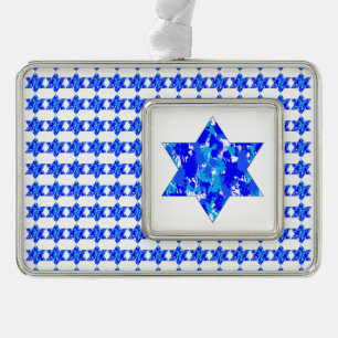 Blue Paint Splatter Jewish Stars Silver Plated Framed Ornament