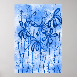 Blue  Paint Splatter & Lilies Poster