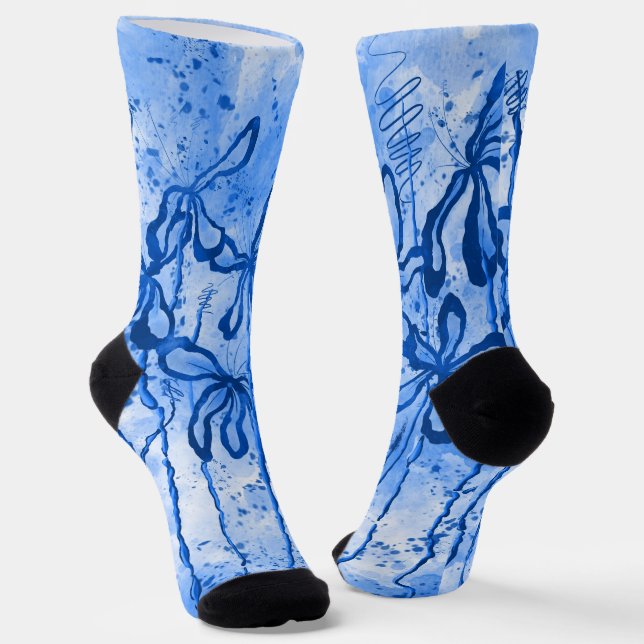 Blue Paint Splatter & Lilies Socks (Angled)