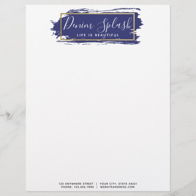 Blue Paint Stroke & Modern Gold Geometric Chic Custom Letterhead (Front)