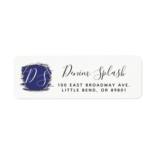 Blue Paint Stroke & Modern Gold Return Address Label (Front)
