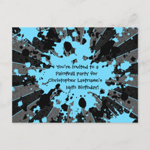 Blue paintball birthday invitation postcard