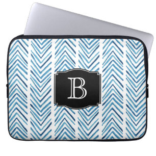Blue Painted Chevrons Pattern with Monogram Laptop Sleeve