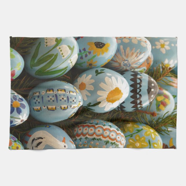 Blue Painted Easter Eggs Tea Towel (Horizontal)