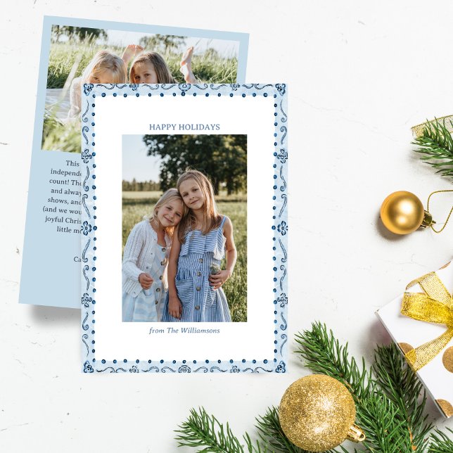 Blue Painted Folk Floral Border Christmas Photo Holiday Card (Creator Uploaded)