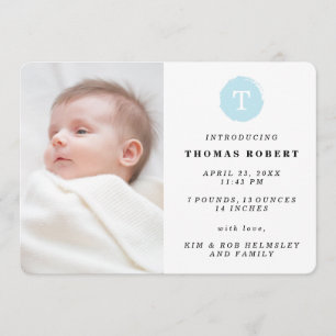 Blue Painted Monogram Photo Birth Announcement