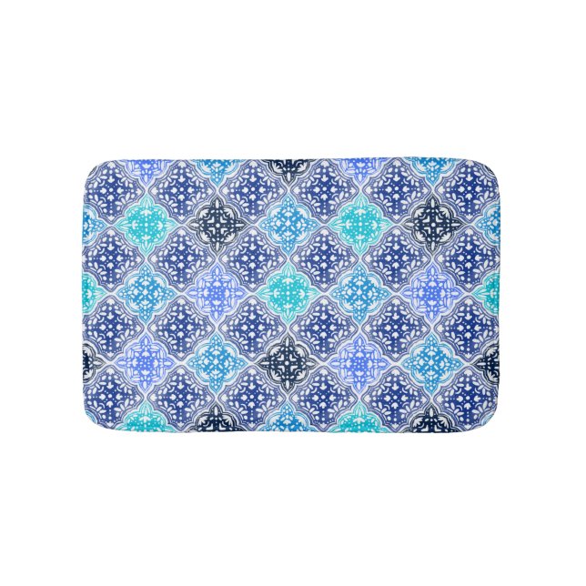 Blue Painted Moroccan Tile Pattern Bath Mat (Front)