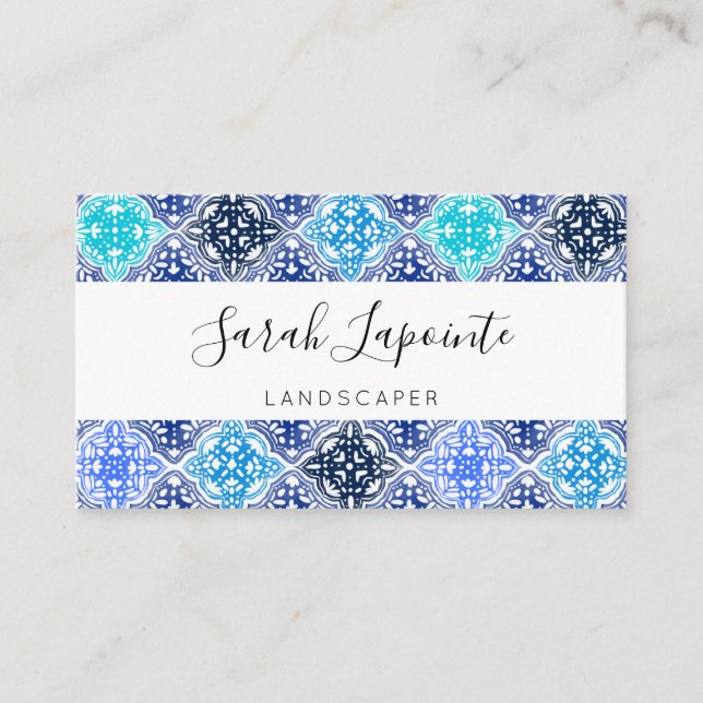 Blue Painted Moroccan Tile Pattern Business Card (Front)