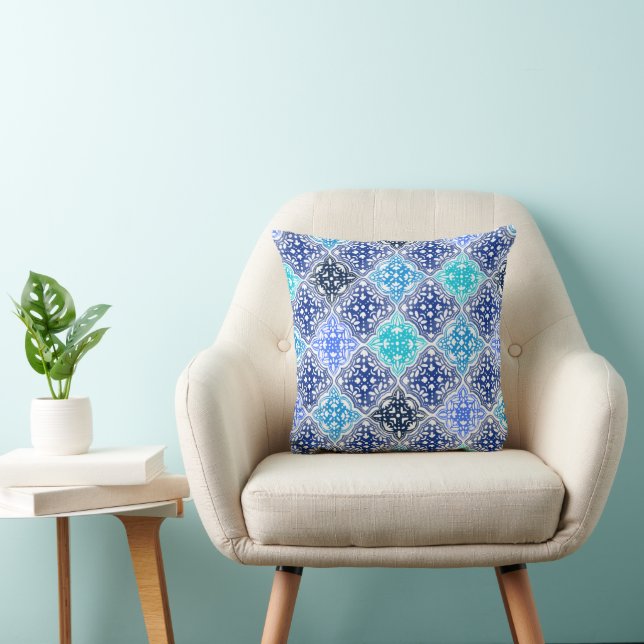 Blue Painted Moroccan Tile Pattern Cushion (Chair)